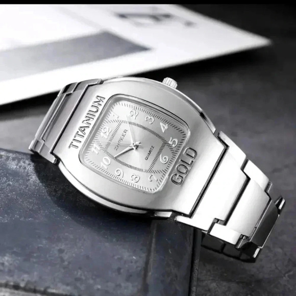 Men's Barrel-shaped Square Bezel Business Casual Quartz Watch + 1 Alloy Bracelet - Picture 3 of 4